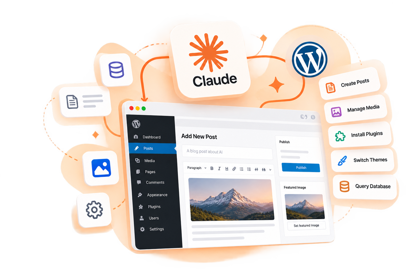 Claude and WordPress dashboard integration illustration